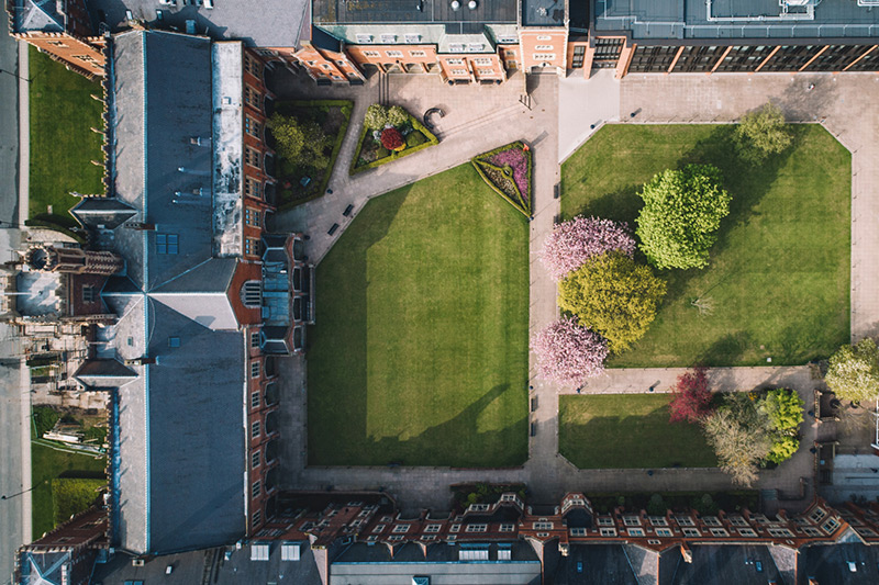 Drone shot of the quad and Lanyon