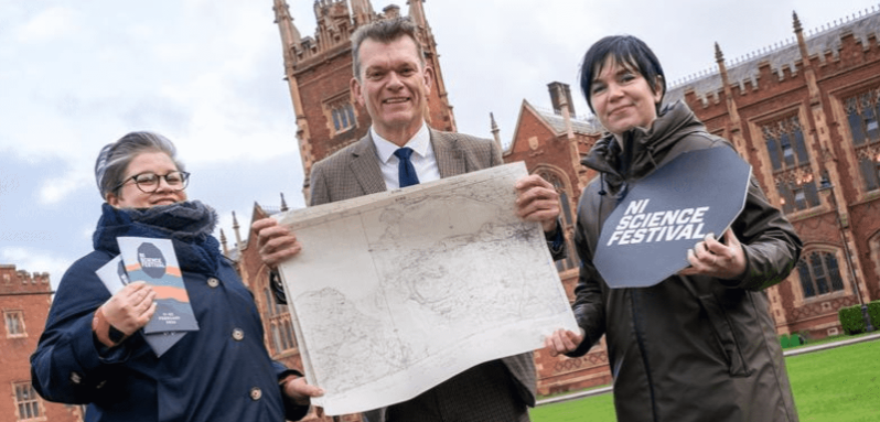 Joan Parsons from Queen's is pictured with Provost and Deputy Vice-Chancellor, Professor Richard Miles and Sarah Jones from NI Science Festival pictured at the Lanyon Building at Queen's